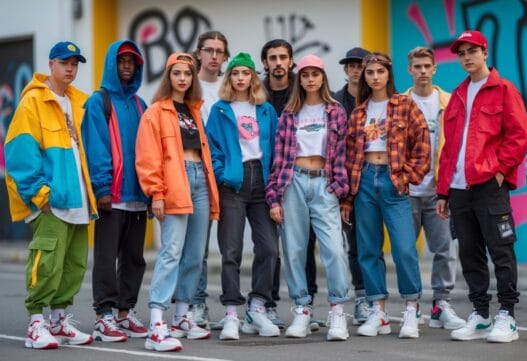 Billede af 90'er mode med farverig tøj og accessories, uden tekst, til 90er-tøj.dk forside.