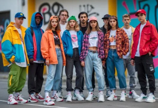 Billede af 90'er mode med farverig tøj og accessories, uden tekst, til 90er-tøj.dk forside.